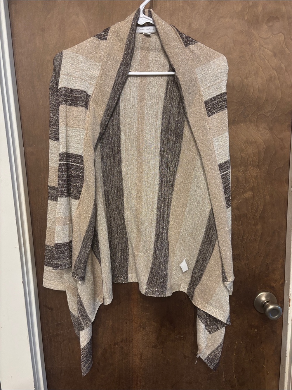 Charter Club Striped Open-Front Draped Cardigan in Beige and Brown